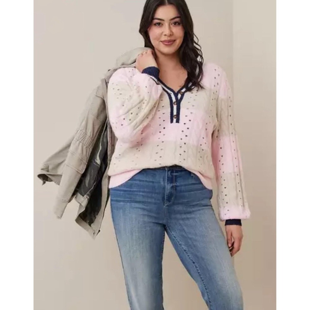Torrid 5x Women's Button Cardigan Sweater Pink & Tan Stripes Navy Eyelet Henley